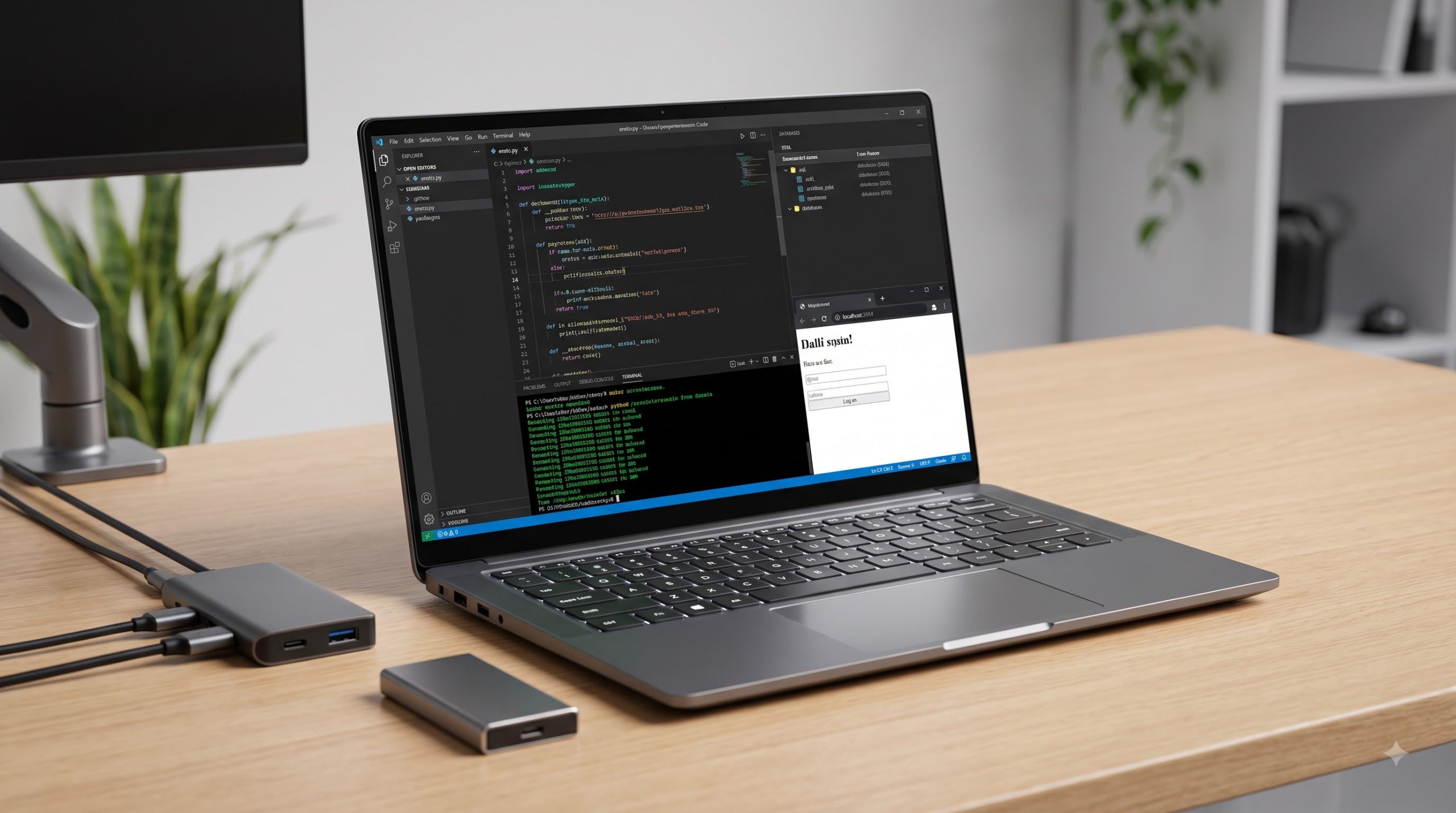 laptop mỏng nhẹ với môi trường lập trình, terminal và database, nhấn mạnh rằng học code không bắt buộc GPU rời.