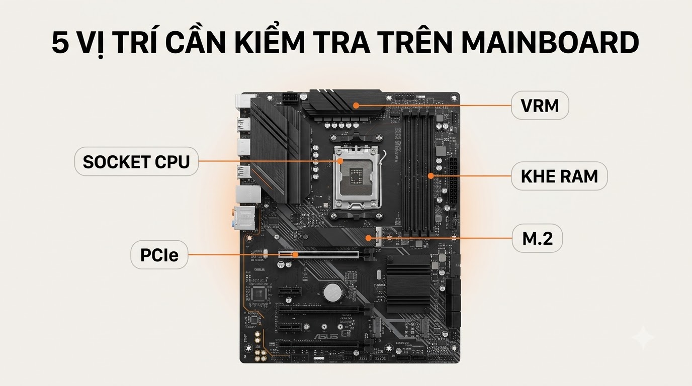 Những vị trí cần kiểm tra trên mainboard
